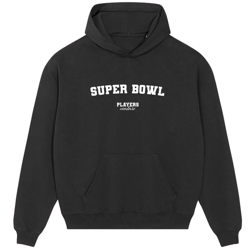 Super Bowl hoodie – black men's hoodie with white Super Bowl letters and Players Couture logo on the chest