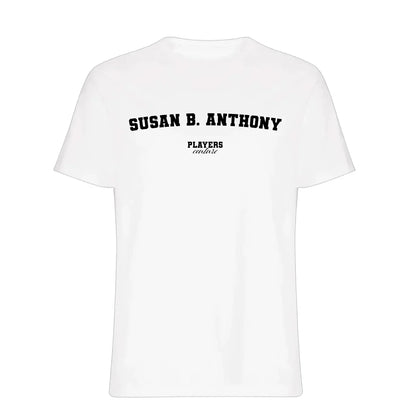 Susan B. Anthony t-shirt – white men's t-shirt with black Susan B. Anthony letters and Players Couture logo on the chest