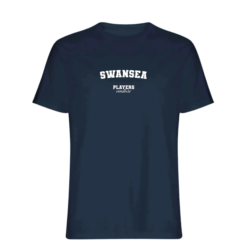 Swansea t-shirt – navy men's t-shirt with white Swansea letters and Players Couture logo on the chest
