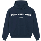 Swiss Matterhorn hoodie – navy men's hoodie with white Swiss Matterhorn letters and Players Couture logo on the chest