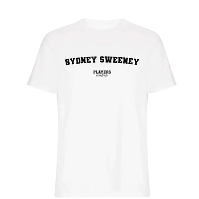 Sydney Sweeney t-shirt – white men's t-shirt with black Sydney Sweeney letters and Players Couture logo on the chest