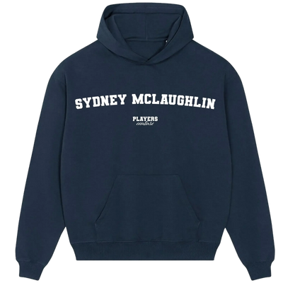 Sydney McLaughlin hoodie – navy men's hoodie with white Sydney McLaughlin letters and Players Couture logo on the chest