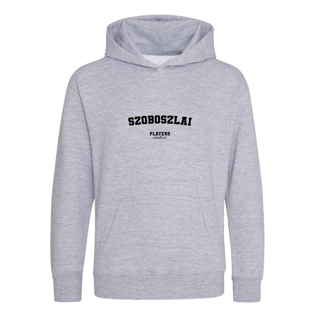 Szoboszlai hoodie – grey kids' hoodie with black Szoboszlai letters and Players Couture logo on the chest