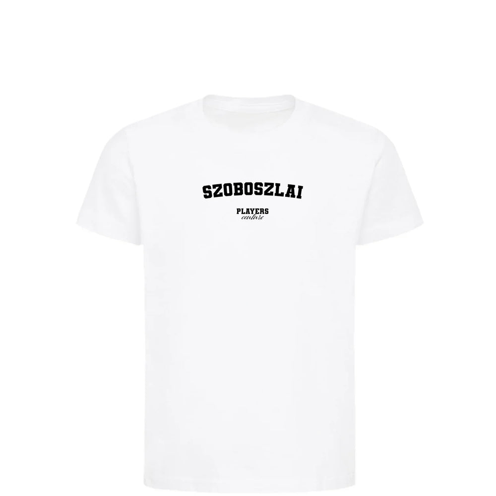 Dominik Szoboszlai t-shirt – white kids' t-shirt with black Dominik Szoboszlai letters and Players Couture logo on the chest