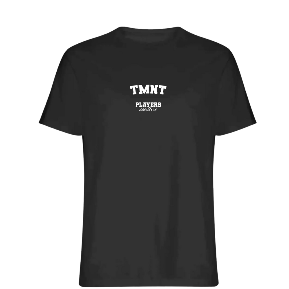 TMNT t-shirt – black men's t-shirt with white TMNT letters and Players Couture logo on the chest
