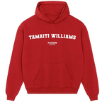 Tamaiti Williams hoodie – red men's hoodie with white Tamaiti Williams letters and Players Couture logo on the chest