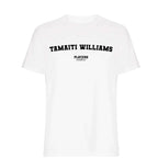 Tamaiti Williams t-shirt – white men's t-shirt with black Tamaiti Williams letters and Players Couture logo on the chest