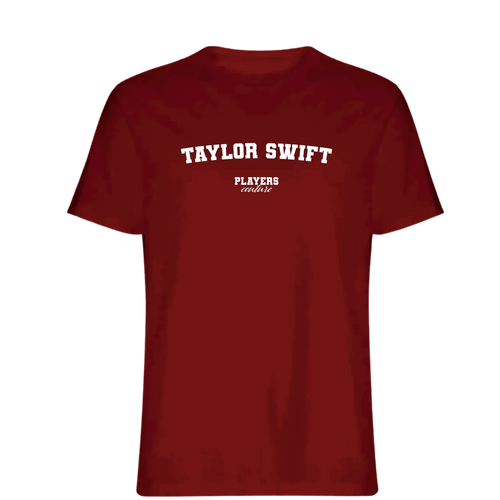 Taylor Swift t-shirt – red men's t-shirt with white Taylor Swift letters and Players Couture logo on the chest