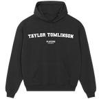 Taylor Tomlinson hoodie – black men's hoodie with white Taylor Tomlinson letters and Players Couture logo on the chest