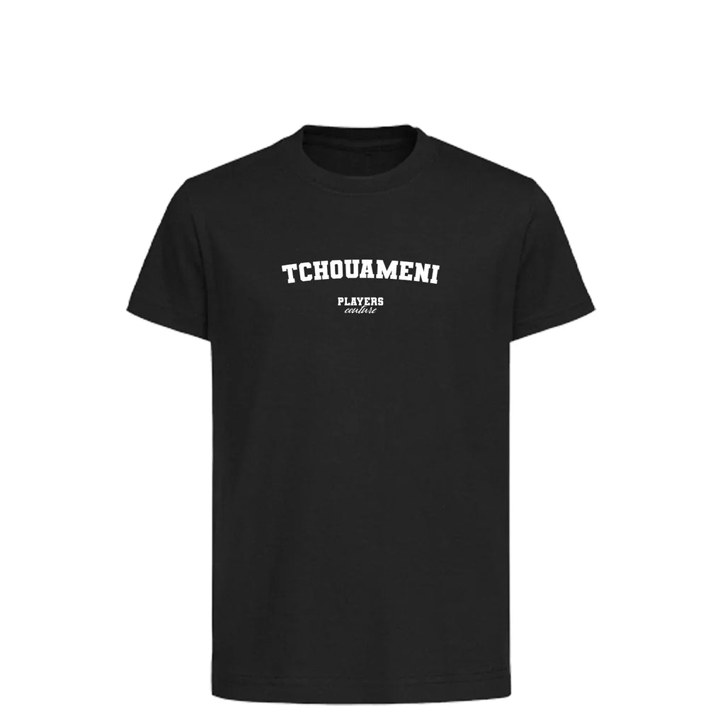 Aurélien Tchouameni t-shirt – black kids' t-shirt with white Aurélien Tchouameni letters and Players Couture logo on the