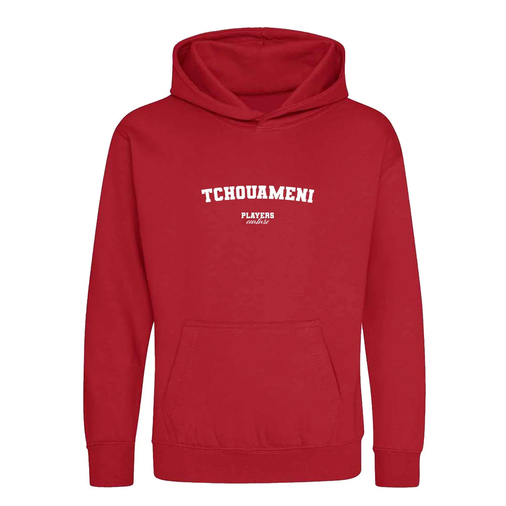 Tchouameni hoodie – red kids' hoodie with white Tchouameni letters and Players Couture logo on the chest