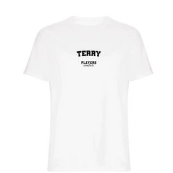 Terry t-shirt – white men's t-shirt with black Terry letters and Players Couture logo on the chest