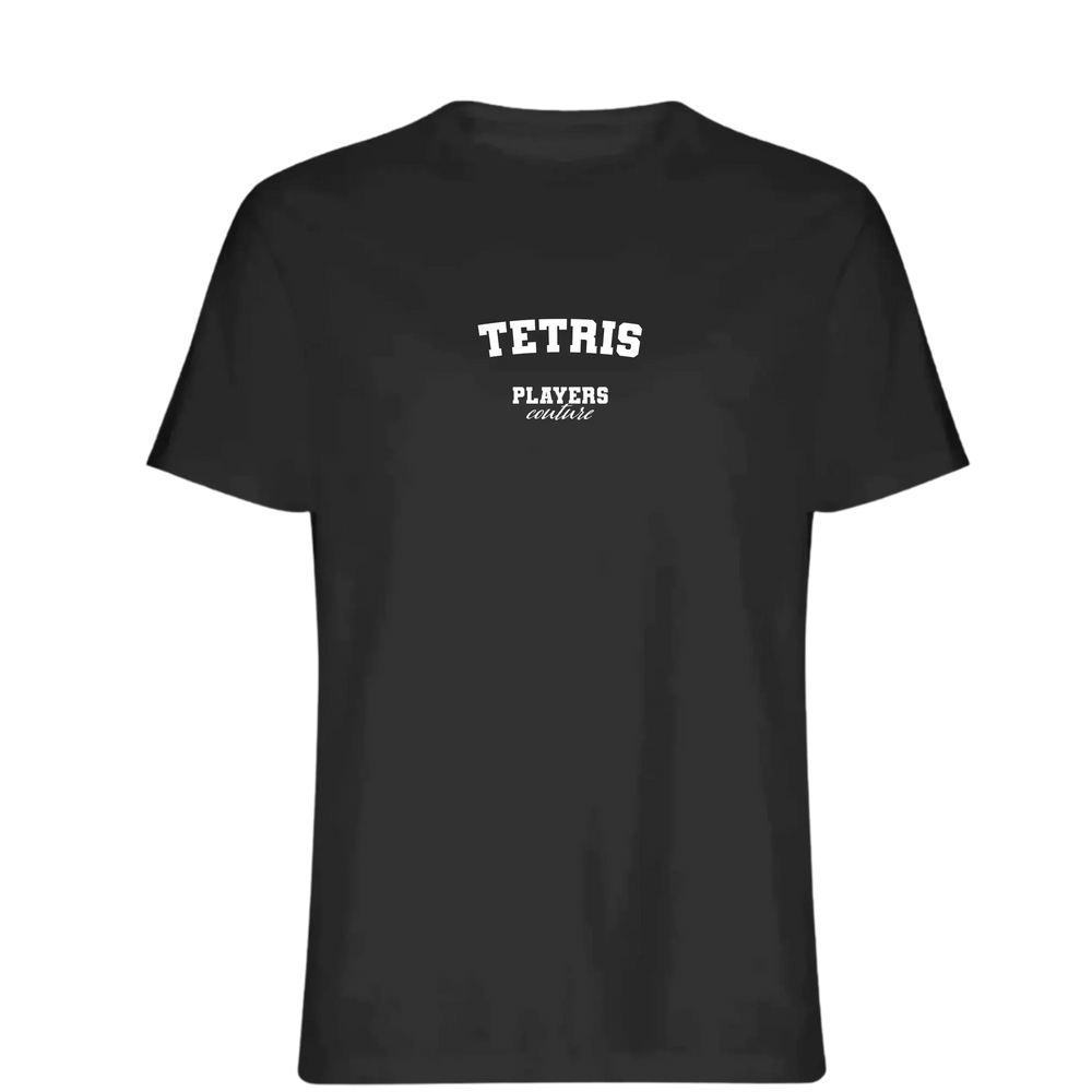 Tetris t-shirt – black men's t-shirt with white Tetris letters and Players Couture logo on the chest