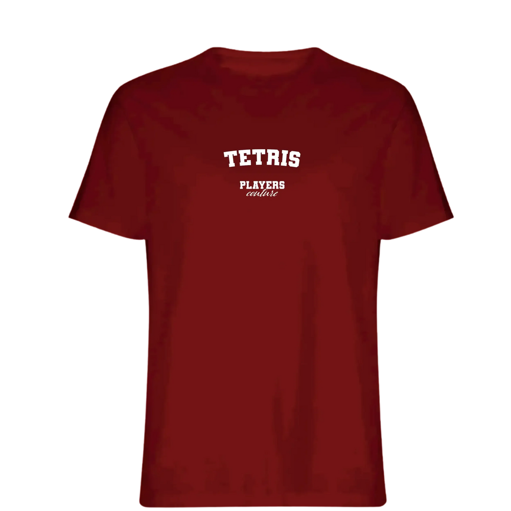 Tetris t-shirt – red men's t-shirt with white Tetris letters and Players Couture logo on the chest