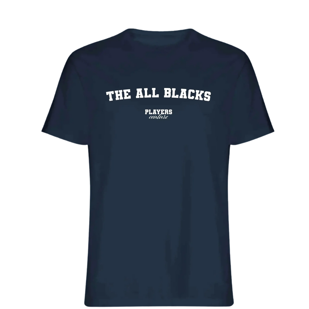 The All Blacks t-shirt – navy men's t-shirt with white The All Blacks letters and Players Couture logo on the chest