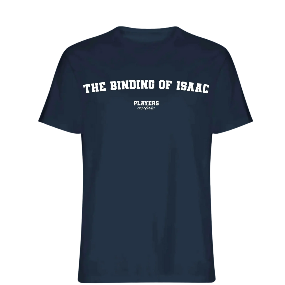 The Binding of Isaac t-shirt – navy men's t-shirt with white The Binding of Isaac letters and Players Couture logo on the