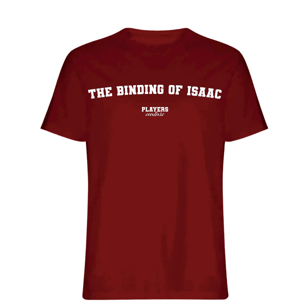 The Binding of Isaac t-shirt – red men's t-shirt with white The Binding of Isaac letters and Players Couture logo on the