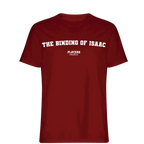 The Binding of Isaac t-shirt – red men's t-shirt with white The Binding of Isaac letters and Players Couture logo on the