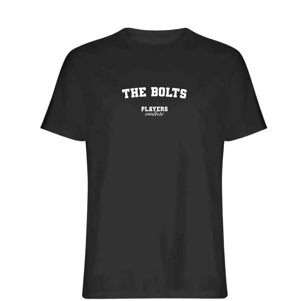 The Bolts t-shirt – black men's t-shirt with white The Bolts letters and Players Couture logo on the chest