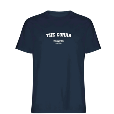 The Corrs t-shirt – navy men's t-shirt with white The Corrs letters and Players Couture logo on the chest
