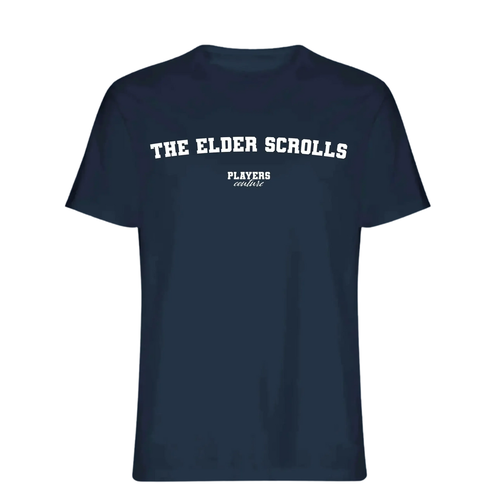 The Elder Scrolls t-shirt – navy men's t-shirt with white The Elder Scrolls letters and Players Couture logo on the chest
