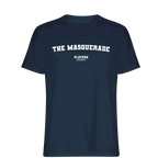 The Masquerade t-shirt – navy men's t-shirt with white The Masquerade letters and Players Couture logo on the chest