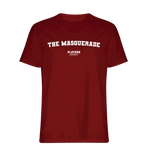 The Masquerade t-shirt – red men's t-shirt with white The Masquerade letters and Players Couture logo on the chest