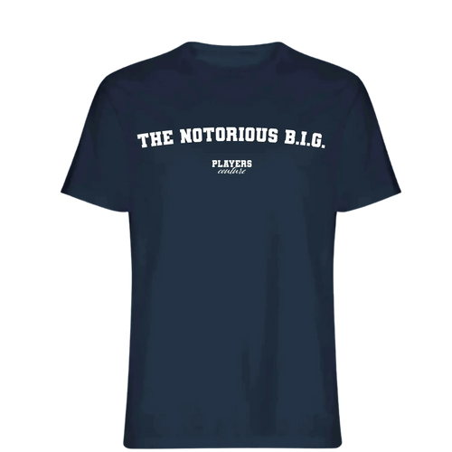 The Notorious B.I.G. t-shirt – navy men's t-shirt with white The Notorious B.I.G. letters and Players Couture logo on the