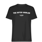 The Outer Worlds t-shirt – black men's t-shirt with white The Outer Worlds letters and Players Couture logo on the chest