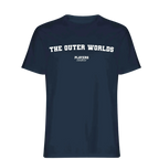 The Outer Worlds t-shirt – navy men's t-shirt with white The Outer Worlds letters and Players Couture logo on the chest