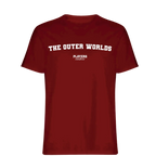 The Outer Worlds t-shirt – red men's t-shirt with white The Outer Worlds letters and Players Couture logo on the chest