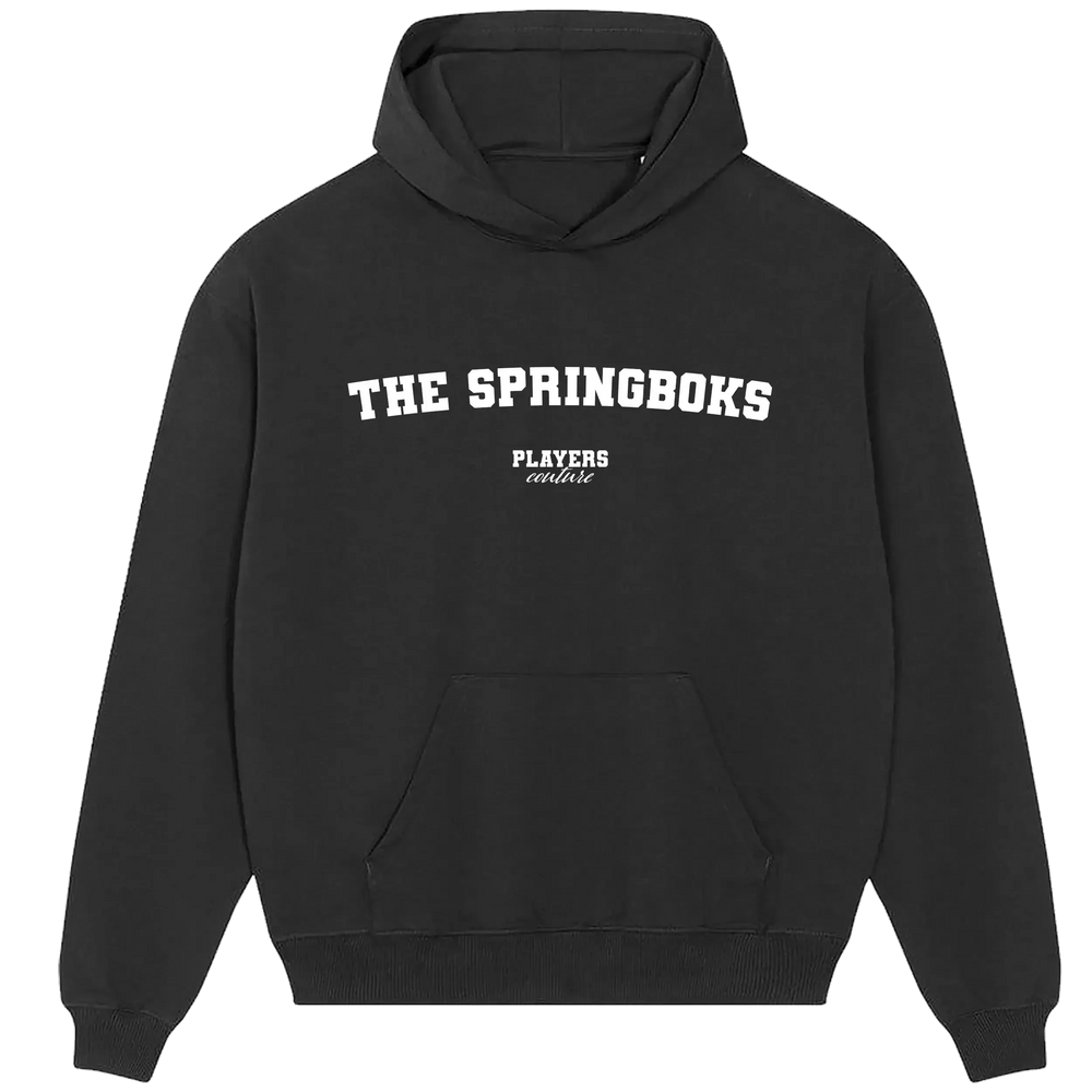 The Springboks hoodie – black men's hoodie with white The Springboks letters and Players Couture logo on the chest