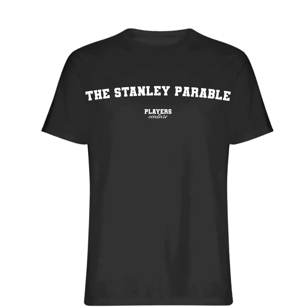The Stanley Parable t-shirt – black men's t-shirt with white The Stanley Parable letters and Players Couture logo on the