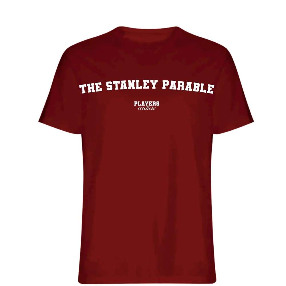 The Stanley Parable t-shirt – red men's t-shirt with white The Stanley Parable letters and Players Couture logo on the chest