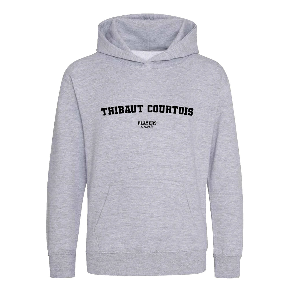 Thibaut Courtois hoodie – grey kids' hoodie with black Thibaut Courtois letters and Players Couture logo on the chest