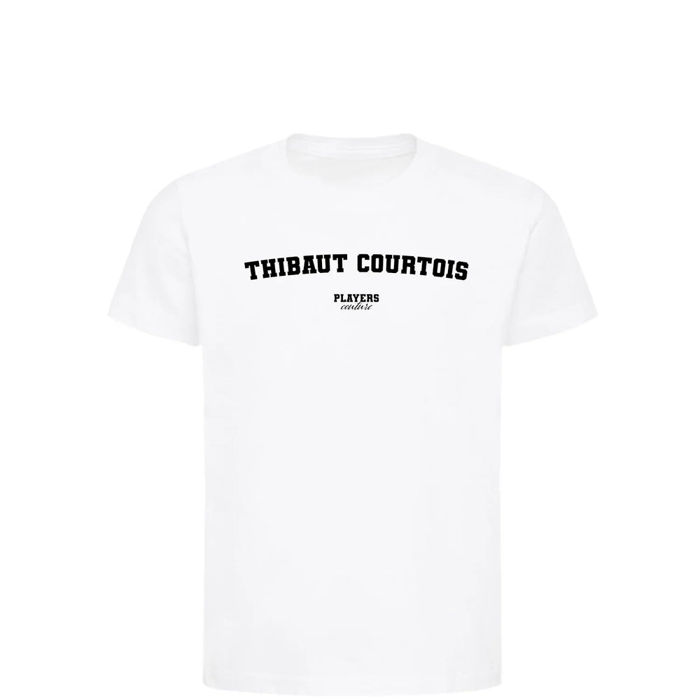 Thibaut Courtois t-shirt – white kids' t-shirt with black Thibaut Courtois letters and Players Couture logo on the chest