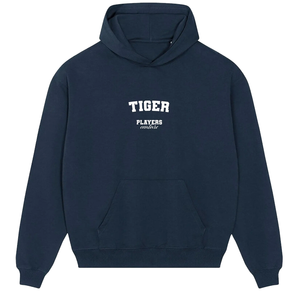 Navy blue Players Couture men's hoodie with TIGER logo and front kangaroo pocket