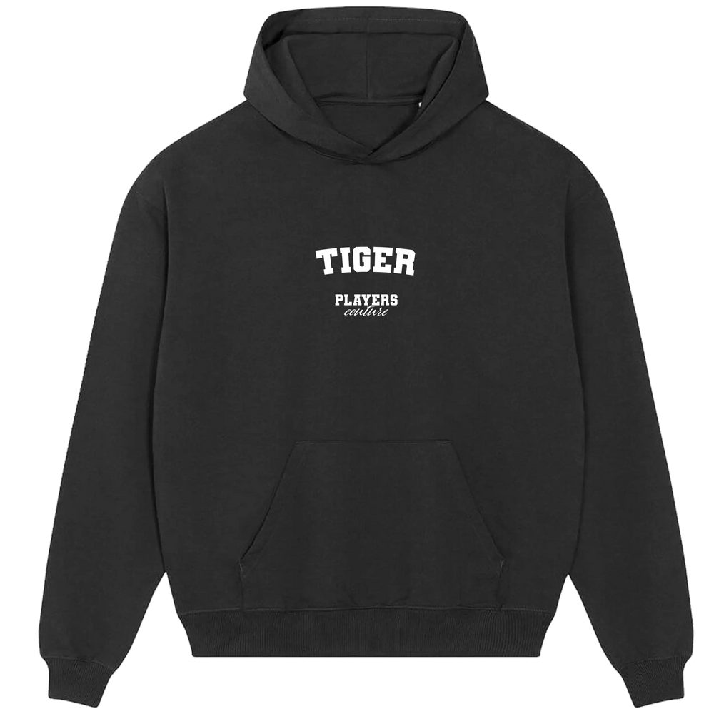 Black Players Couture men's hoodie with 'TIGER' text, premium casual sports fashion.
