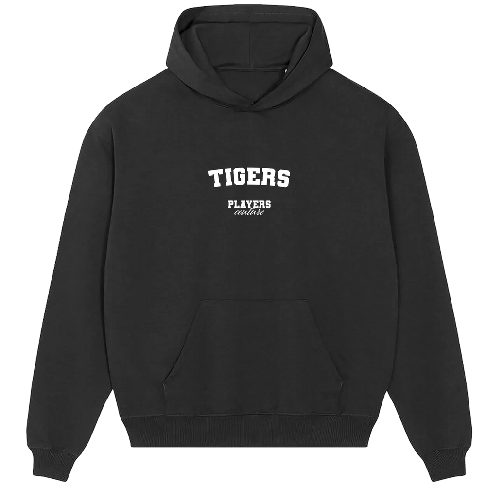 Tigers hoodie – black men's hoodie with white Tigers letters and Players Couture logo on the chest