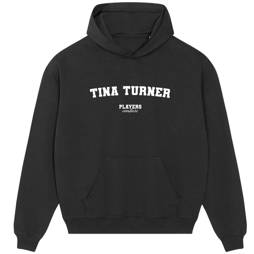 Tina Turner hoodie – black men's hoodie with white Tina Turner letters and Players Couture logo on the chest