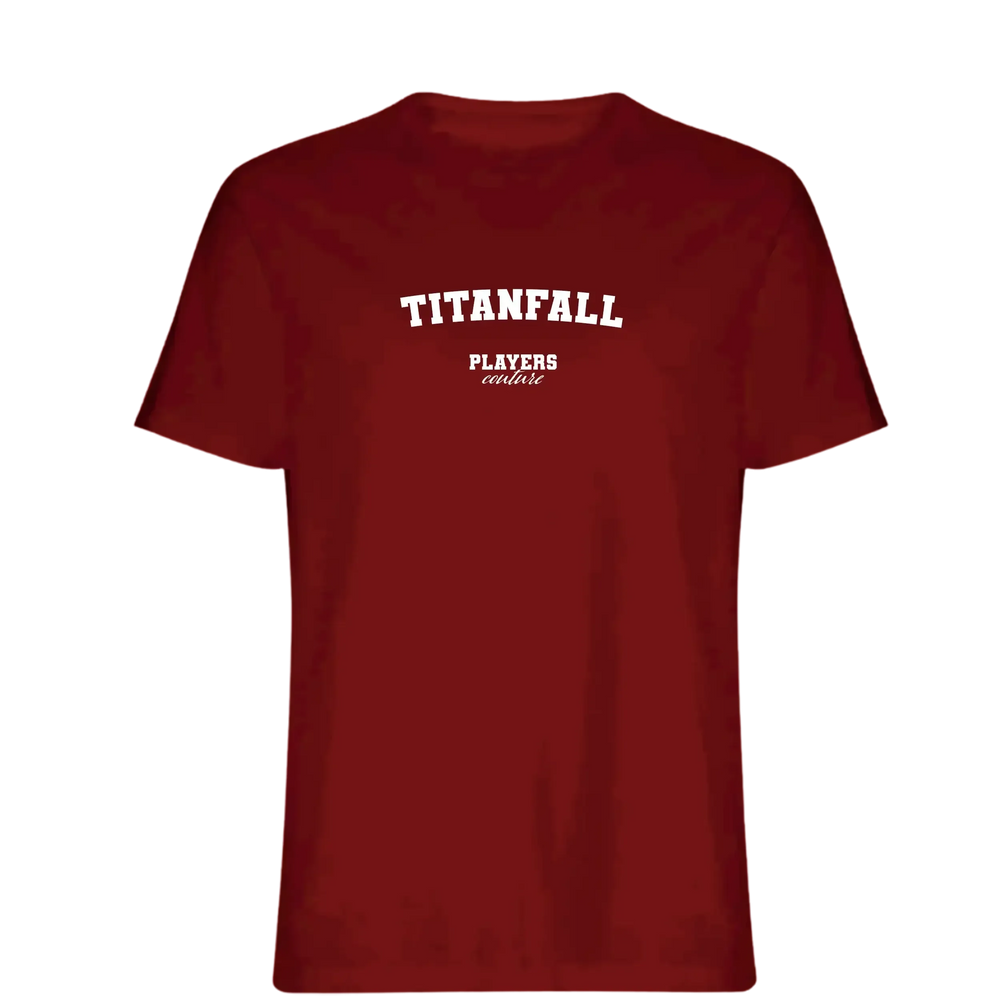 Titanfall t-shirt – red men's t-shirt with white Titanfall letters and Players Couture logo on the chest