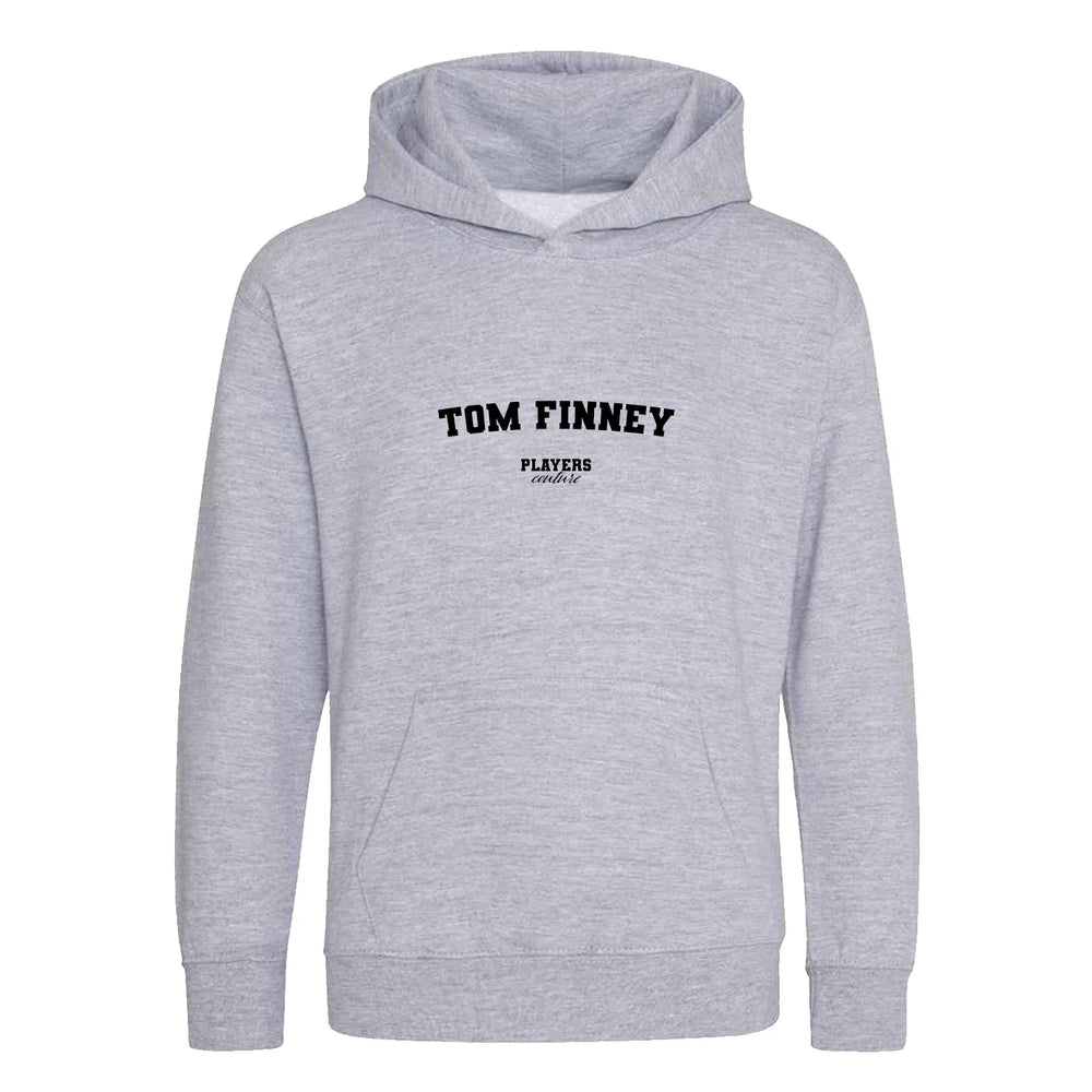 Tom Finney hoodie – grey kids' hoodie with black Tom Finney letters and Players Couture logo on the chest