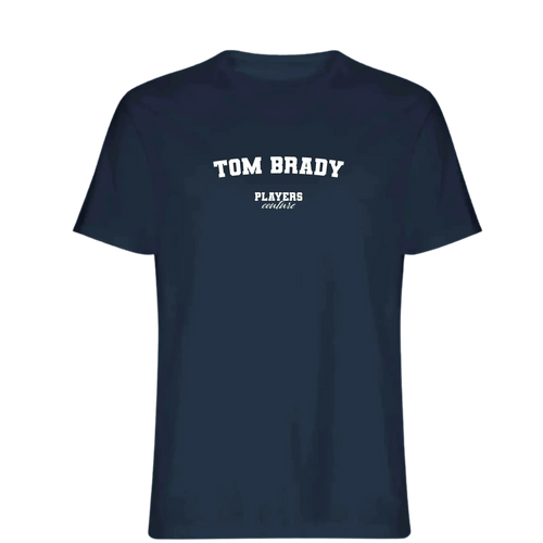 Tom Brady t-shirt – navy men's t-shirt with white Tom Brady letters and Players Couture logo on the chest