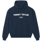 Tommy Taylor hoodie – navy men's hoodie with white Tommy Taylor letters and Players Couture logo on the chest