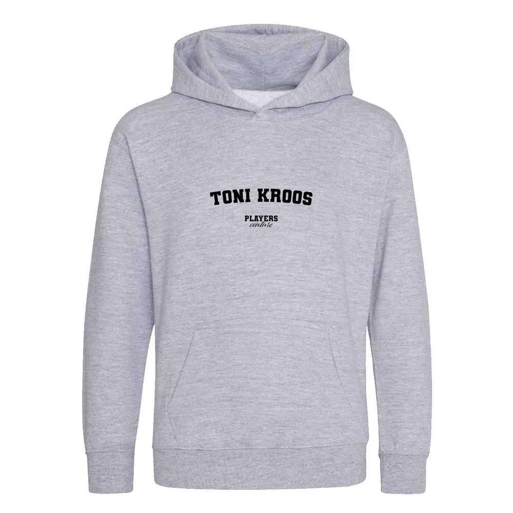 Toni Kroos hoodie – grey kids' hoodie with black Toni Kroos letters and Players Couture logo on the chest