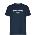 Tony Yeboah t-shirt – navy men's t-shirt with white Tony Yeboah letters and Players Couture logo on the chest