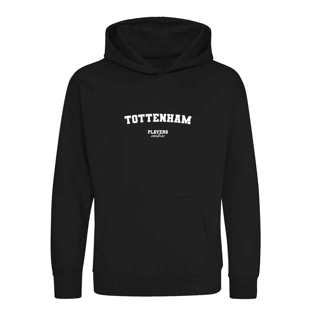 Tottenham hoodie – black kids' hoodie with white Tottenham letters and Players Couture logo on the chest