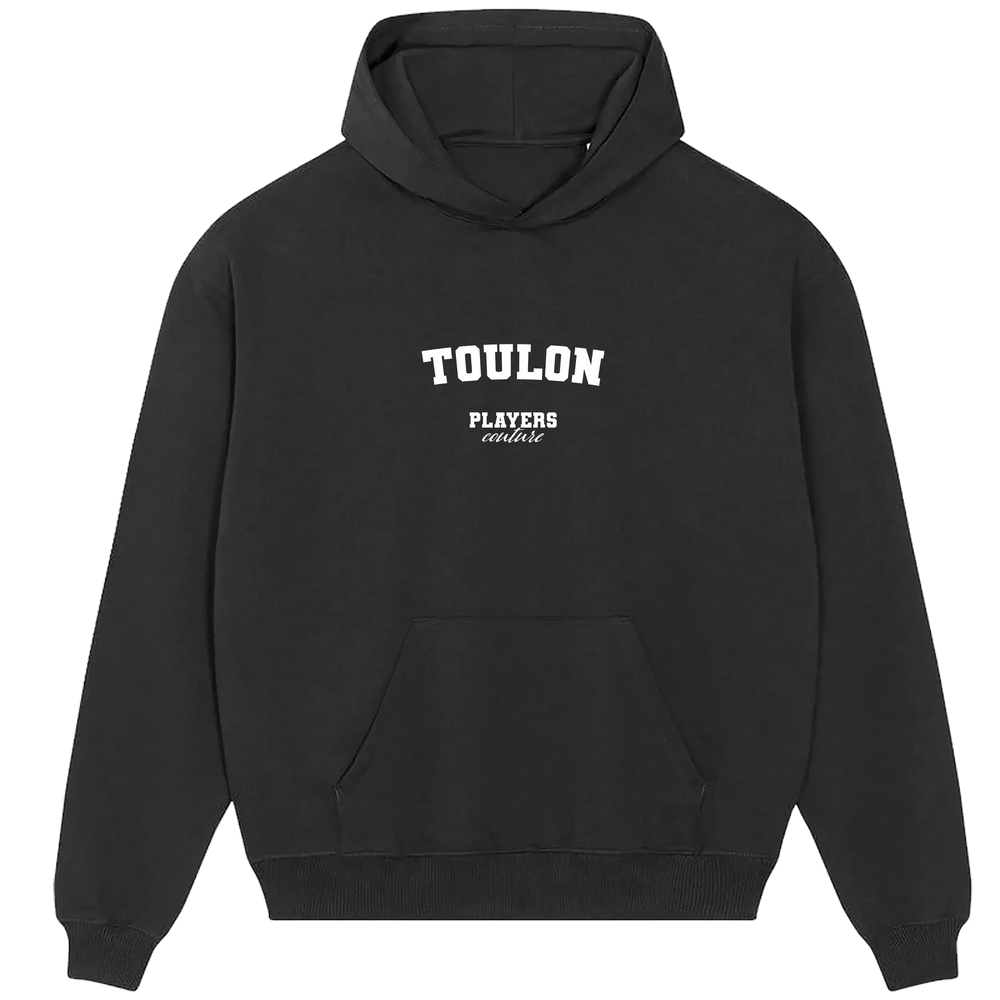 Toulon hoodie – black men's hoodie with white Toulon letters and Players Couture logo on the chest
