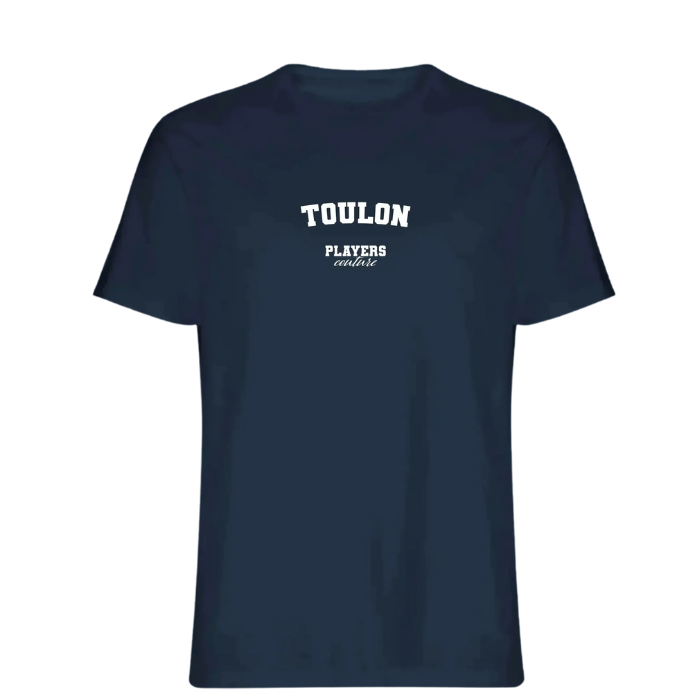 Toulon t-shirt – navy men's t-shirt with white Toulon letters and Players Couture logo on the chest
