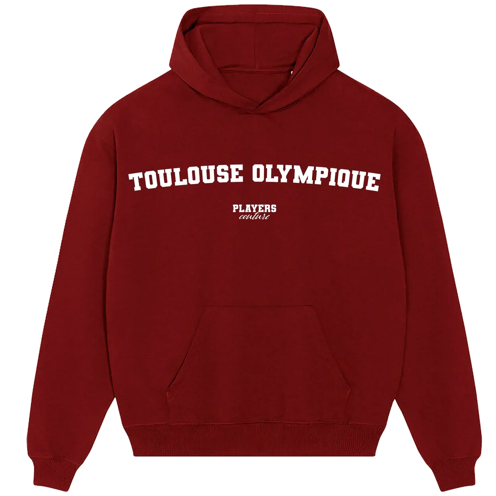 Toulouse Olympique hoodie – red men's hoodie with white Toulouse Olympique letters and Players Couture logo on the chest